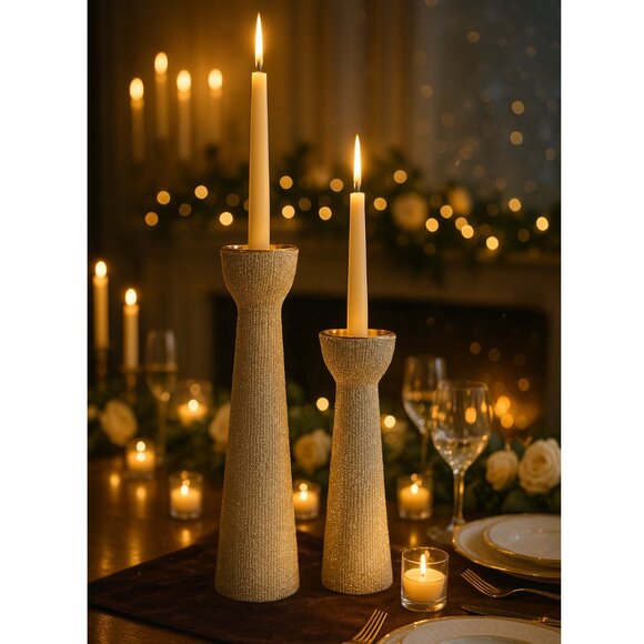 NWOT Set of 2 Luxury Champagne Beaded Ceramic Decorative Candle Holders - Picture 2 of 16